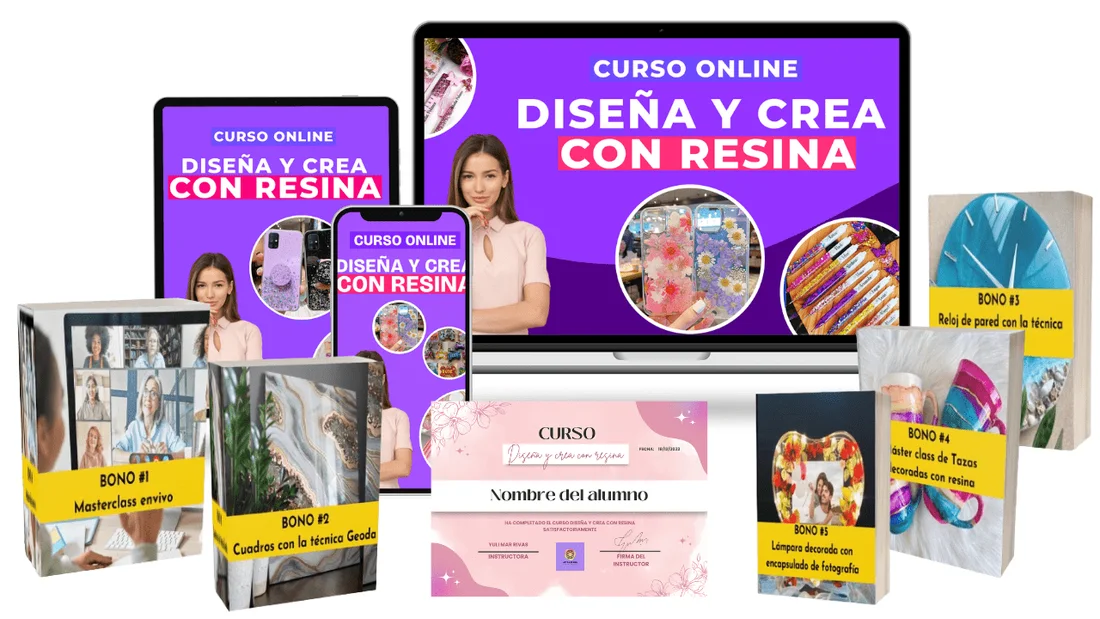 Todo lo que recibes: curso Diseña y Crea con Resina en todos tus dispositivos, 5 bonos y certificado
